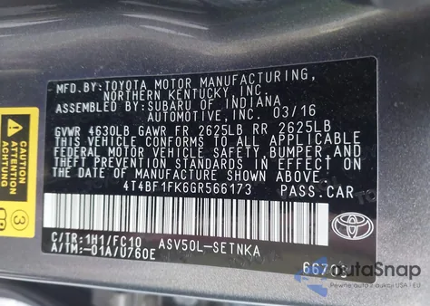 2016 Toyota Camry Le из США, поврежденный, VIN 4T4BF1FK6GR566173